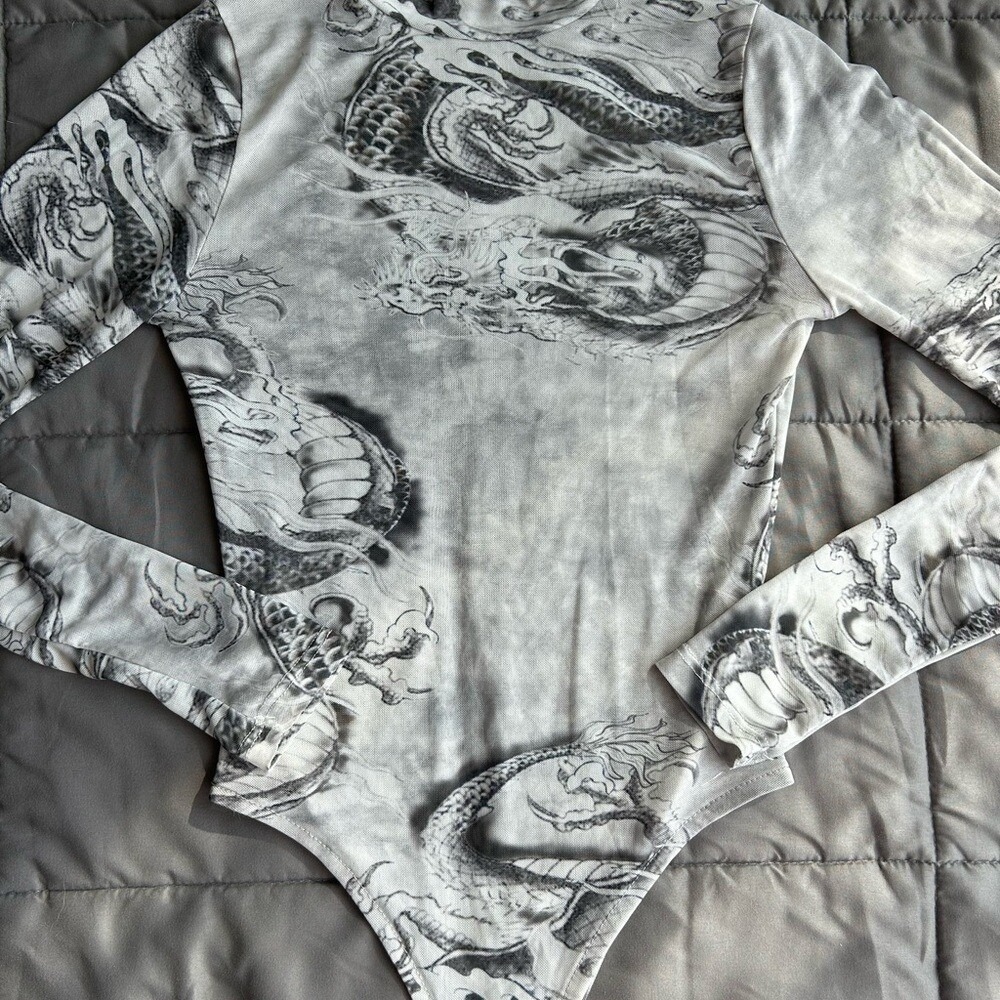 Vintage y2k Gray Dragon‎ Water Print sheer longsleeve Bodysuit small - Picture 3 of 8